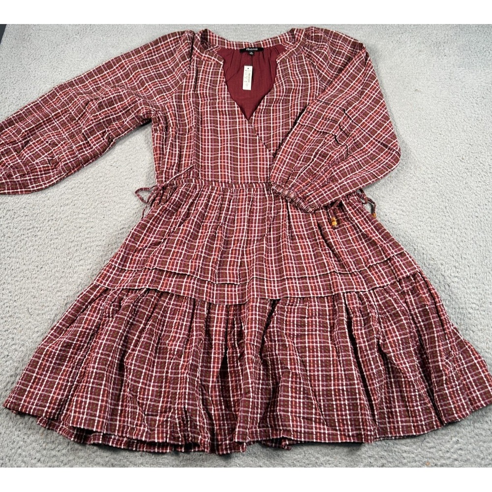 Madewell Seersucker Wrap Dress Women's‎ XS Red Mini Plaid Ruffel Comfy NWT